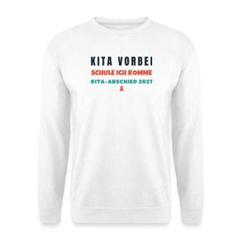 Kita Abschied 2027 Tschüss Kindergarten Schulkind - Unisex Pullover - Weiß - Vorne - Alina (178cm) & Michal (187cm)