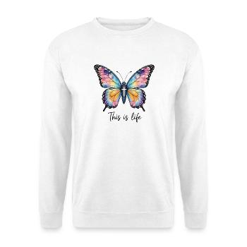 Schmetterling Kreuz Christlicher Spruch - Unisex Pullover - Weiß - Vorne - Alina (178cm) & Michal (187cm)
