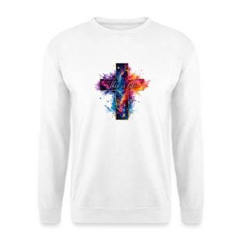 Kreuz Galaxie Spruch - Unisex Pullover - Weiß - Vorne - Alina (178cm) & Michal (187cm)