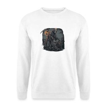 Sensenmann mit Laterne - Unisex Pullover - Weiß - Vorne - Alina (178cm) & Michal (187cm)