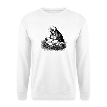 Maria betrachtet den neugeborenen Jesus - Unisex Pullover - Weiß - Vorne - Alina (178cm) & Michal (187cm)