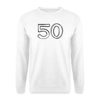 Zahl 50 handgezeichnet - Unisex Pullover - Weiß - Vorne - Alina (178cm) & Michal (187cm)