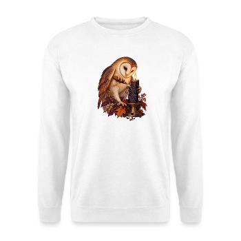 Schleiereule schnitzt eine schwarze Kerze - Unisex Pullover - Weiß - Vorne - Alina (178cm) & Michal (187cm)