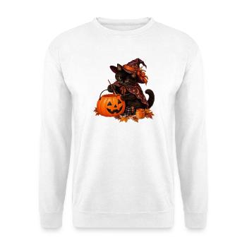 Schwarze Katze bemalt einen Kürbiseimer - Unisex Pullover - Weiß - Vorne - Alina (178cm) & Michal (187cm)