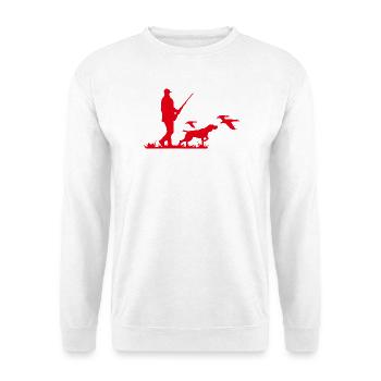 Jäger mit Hund und Wildvögeln - Unisex Pullover - Weiß - Vorne - Alina (178cm) & Michal (187cm)