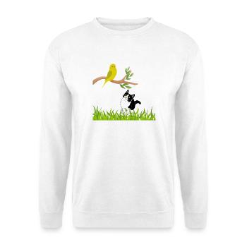 Sonniger Singvogel und Neugierige Katze - Unisex Pullover - Weiß - Vorne - Alina (178cm) & Michal (187cm)