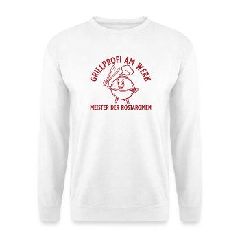 Grillprofi am Werk Retro BBQ Grill Geschenkidee - Unisex Pullover - Weiß - Vorne - Alina (178cm) & Michal (187cm)