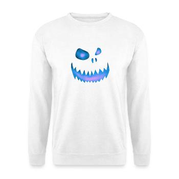 Schiefes Monstergesicht Blau-Rosa - Halloween - Unisex Pullover - Weiß - Vorne - Alina (178cm) & Michal (187cm)