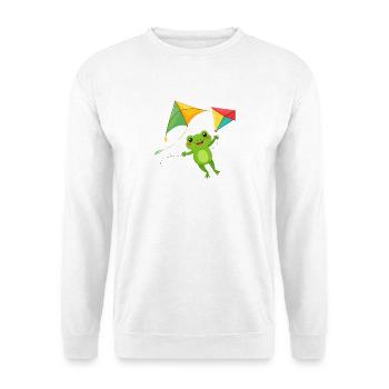 Grüner Comic Frosch mit zwei Flugdrachen Shirt - Unisex Pullover - Weiß - Vorne - Alina (178cm) & Michal (187cm)