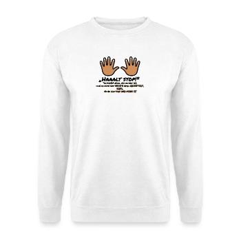 Hände warnen: Ruhe bleibt hier Andreas - Unisex Pullover - Weiß - Vorne - Alina (178cm) & Michal (187cm)