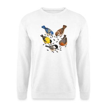 Gartenvögel mit Sonnenblumenkernen - Unisex Pullover - Weiß - Vorne - Alina (178cm) & Michal (187cm)