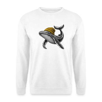 Wal mit Gelber Mütze – skurrile Seeweisheit - Unisex Pullover - Weiß - Vorne - Alina (178cm) & Michal (187cm)