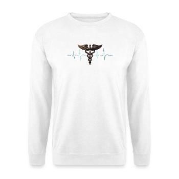 Flügel-Caduceus Herzschlag Design - Unisex Pullover - Weiß - Vorne - Alina (178cm) & Michal (187cm)
