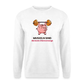 Muskelpig: Kraft als Altersvorsorge - Unisex Pullover - Weiß - Vorne - Alina (178cm) & Michal (187cm)