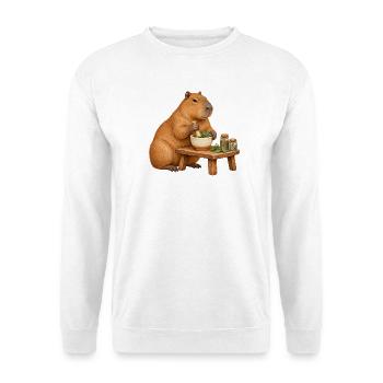 Capybara mischt Kräuter im Mörser - Unisex Pullover - Weiß - Vorne - Alina (178cm) & Michal (187cm)