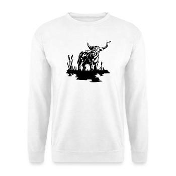 Schwarzes schottisches Highlander-Design - Unisex Pullover - Weiß - Vorne - Alina (178cm) & Michal (187cm)