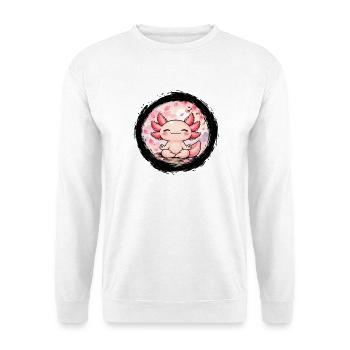 Relaxolotl – Meditierendes Axolotl im Lotussitz - Unisex Pullover - Weiß - Vorne - Alina (178cm) & Michal (187cm)