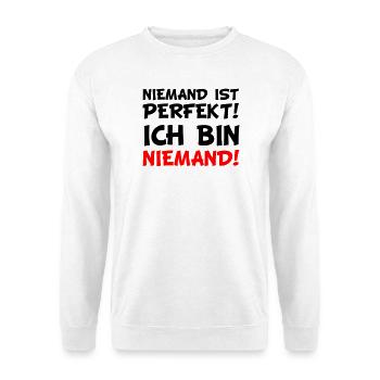 Niemand! Rotes Wort-Statement - Unisex Pullover - Weiß - Vorne - Alina (178cm) & Michal (187cm)