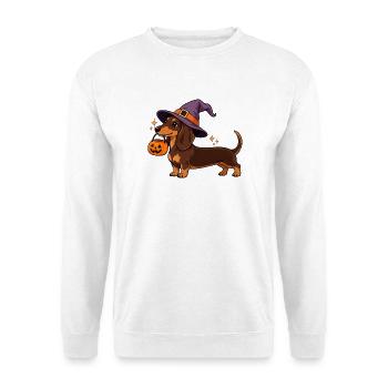 Dackel Hexenhut Halloween - Unisex Pullover - Weiß - Vorne - Alina (178cm) & Michal (187cm)