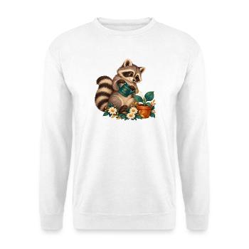 Waschbär-Gärtner in Blüte - Unisex Pullover - Weiß - Vorne - Alina (178cm) & Michal (187cm)