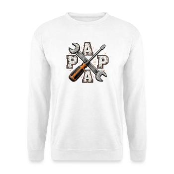 Papa Werkzeug – Schraubenschlüssel & Werkzeug - Unisex Pullover - Weiß - Vorne - Alina (178cm) & Michal (187cm)