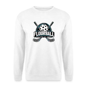 Floorball Logo Ball mit Schlägern - Unisex Pullover - Weiß - Vorne - Alina (178cm) & Michal (187cm)