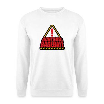 Achtung Ragebait Warnschild Typografie Shirt - Unisex Pullover - Weiß - Vorne - Alina (178cm) & Michal (187cm)