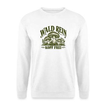 Wald rein – Kopf frei | Pilz & Natur Spruch - Unisex Pullover - Weiß - Vorne - Alina (178cm) & Michal (187cm)