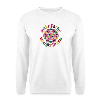 Mehr Farbe Weniger Drama – Buntes Statement - Unisex Pullover - Weiß - Vorne - Alina (178cm) & Michal (187cm)