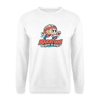 Marathon beginnt im Kopf - Laufen - Joggen - Unisex Pullover - Weiß - Vorne - Alina (178cm) & Michal (187cm)
