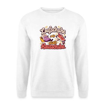 Laufschuhe statt Hausschuhe - Joggen - Laufen - Unisex Pullover - Weiß - Vorne - Alina (178cm) & Michal (187cm)