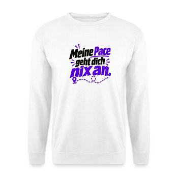 Meine Pace – frecher Laufspruch - Joggen - Laufen - Unisex Pullover - Weiß - Vorne - Alina (178cm) & Michal (187cm)