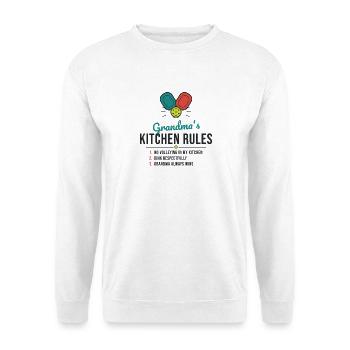 Omas Küche Regeln - Unisex Pullover - Weiß - Vorne - Alina (178cm) & Michal (187cm)
