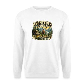 Abenteuer ruft Berge und Camper - Unisex Pullover - Weiß - Vorne - Alina (178cm) & Michal (187cm)