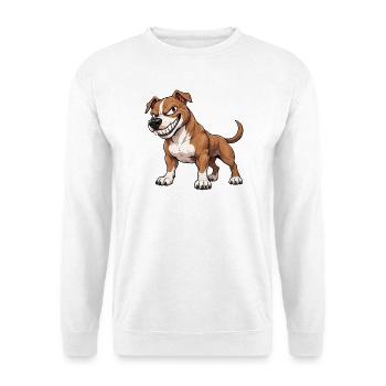 Cooler Pitbull Cartoon mit frechem Grinsen - Unisex Pullover - Weiß - Vorne - Alina (178cm) & Michal (187cm)