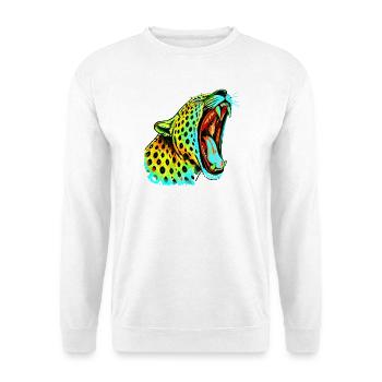 Brüllender Psychodelischer Neonleopard - Unisex Pullover - Weiß - Vorne - Alina (178cm) & Michal (187cm)