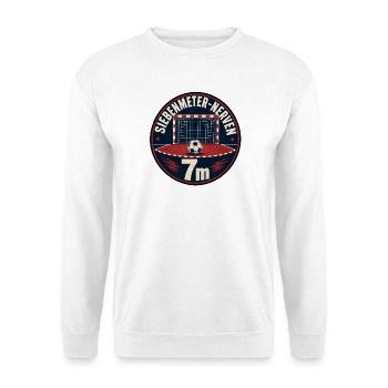 Siebenmeter Nerven Handball Vintage Badge Shirt - Unisex Pullover - Weiß - Vorne - Alina (178cm) & Michal (187cm)