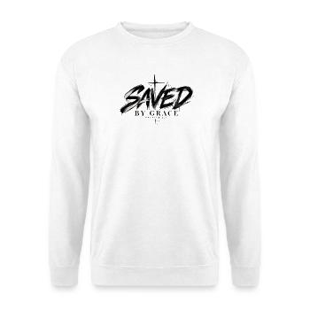 Saved by Grace Modernes Christliches Kreuz Design - Unisex Pullover - Weiß - Vorne - Alina (178cm) & Michal (187cm)