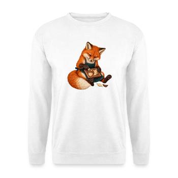 Fuchs legt eine Eichel-Intarsie - Unisex Pullover - Weiß - Vorne - Alina (178cm) & Michal (187cm)