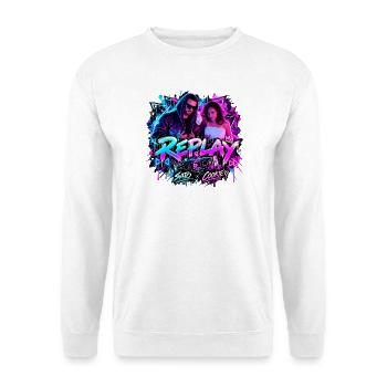 REPLAY – SATO x COOKIE | Neon Streetwear - Unisex Pullover - Weiß - Vorne - Alina (178cm) & Michal (187cm)
