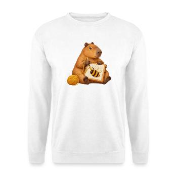 Capybara mit Punch-Needle-Biene - Unisex Pullover - Weiß - Vorne - Alina (178cm) & Michal (187cm)