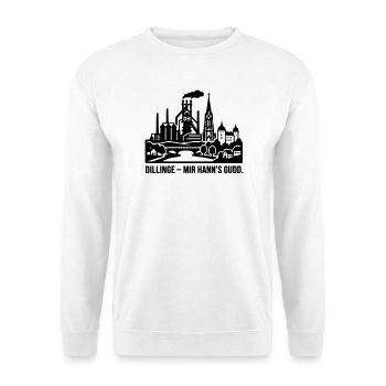 Dillingen Stadt Silhouette Spruch Mir hann's gudd - Unisex Pullover - Weiß - Vorne - Alina (178cm) & Michal (187cm)
