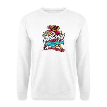 Joggen statt Grübeln – Läuferin - Unisex Pullover - Weiß - Vorne - Alina (178cm) & Michal (187cm)