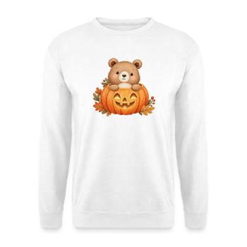 Niedlicher Bär im Halloween-Kürbis - Unisex Pullover - Weiß - Vorne - Alina (178cm) & Michal (187cm)