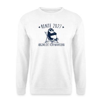 Rente 2027 Pinguin Abgemeldet vom Wahnsinn - Unisex Pullover - Weiß - Vorne - Alina (178cm) & Michal (187cm)