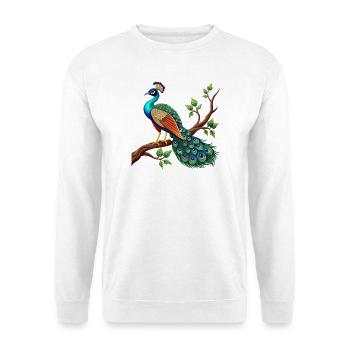 Einfacher Pfau auf Ast - Unisex Pullover - Weiß - Vorne - Alina (178cm) & Michal (187cm)