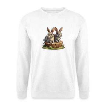 Babykaninchen auf Baumstumpf - Unisex Pullover - Weiß - Vorne - Alina (178cm) & Michal (187cm)
