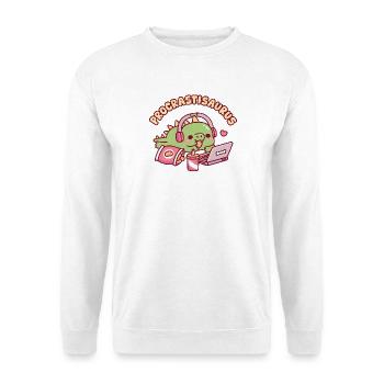 Procrastisaurus süßer Dino entspannt mit dem Laptop - Unisex Pullover - Weiß - Vorne - Alina (178cm) & Michal (187cm)