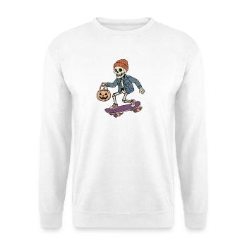 Skelett auf einem Skateboard – Halloween - Unisex Pullover - Weiß - Vorne - Alina (178cm) & Michal (187cm)