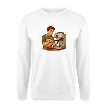 Geschenk für neue Hobby-Baristas mit Siebträger - Unisex Pullover - Weiß - Vorne - Alina (178cm) & Michal (187cm)